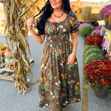 Wildflower Printed Smocked Maxi Dress - Mocha - Lace and Grace Boutique