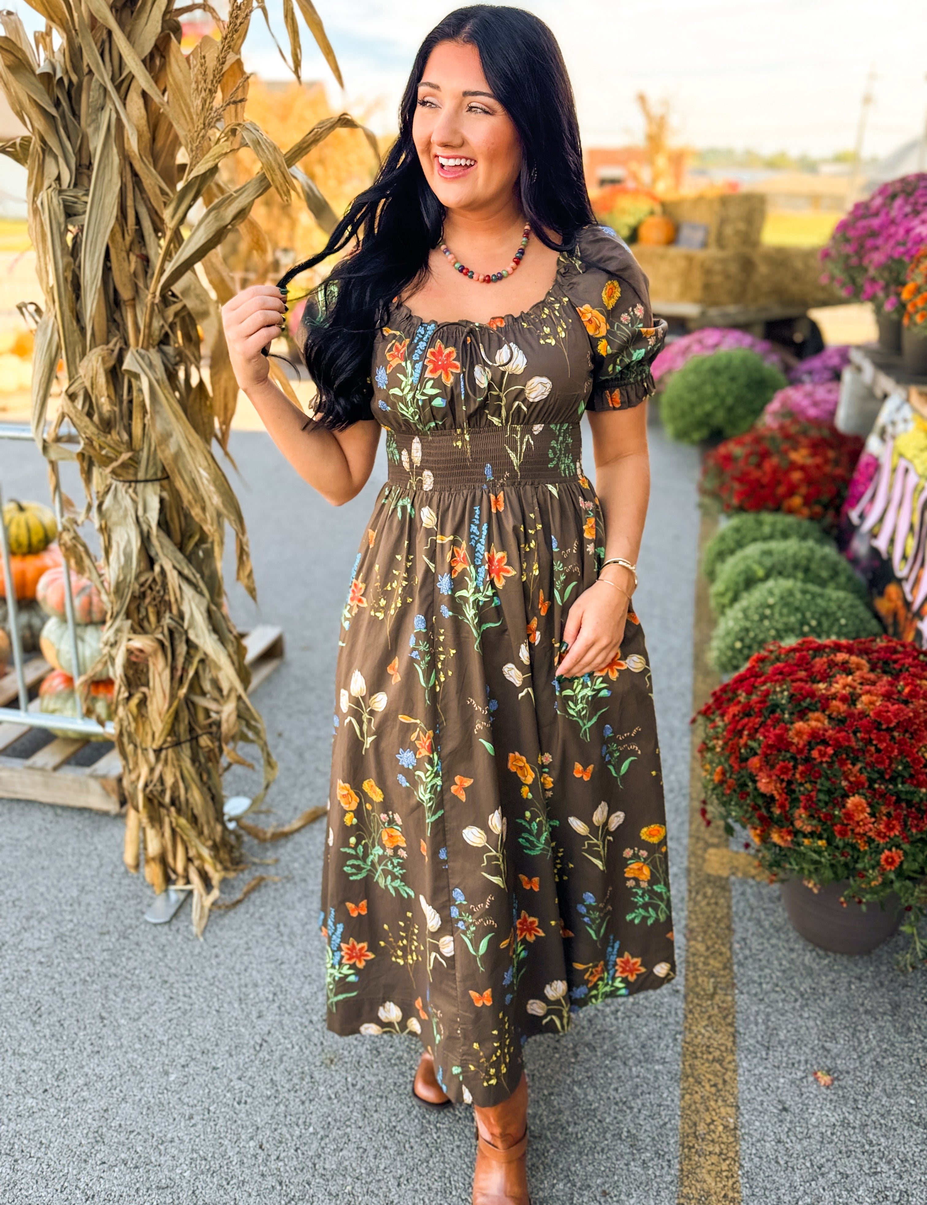 Wildflower Printed Smocked Maxi Dress - Mocha - Lace and Grace Boutique