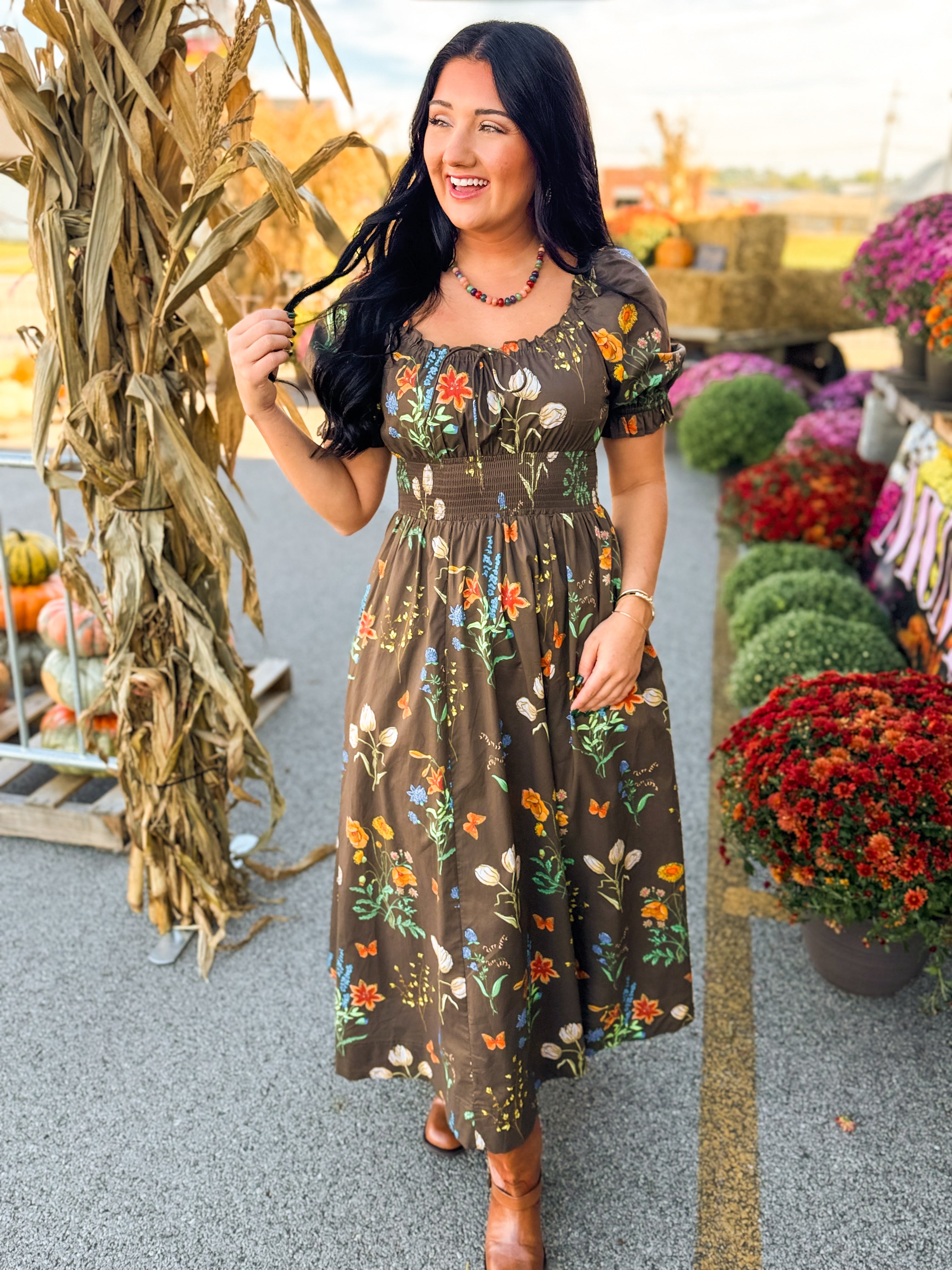 Wildflower Printed Smocked Maxi Dress - Mocha - Lace and Grace Boutique