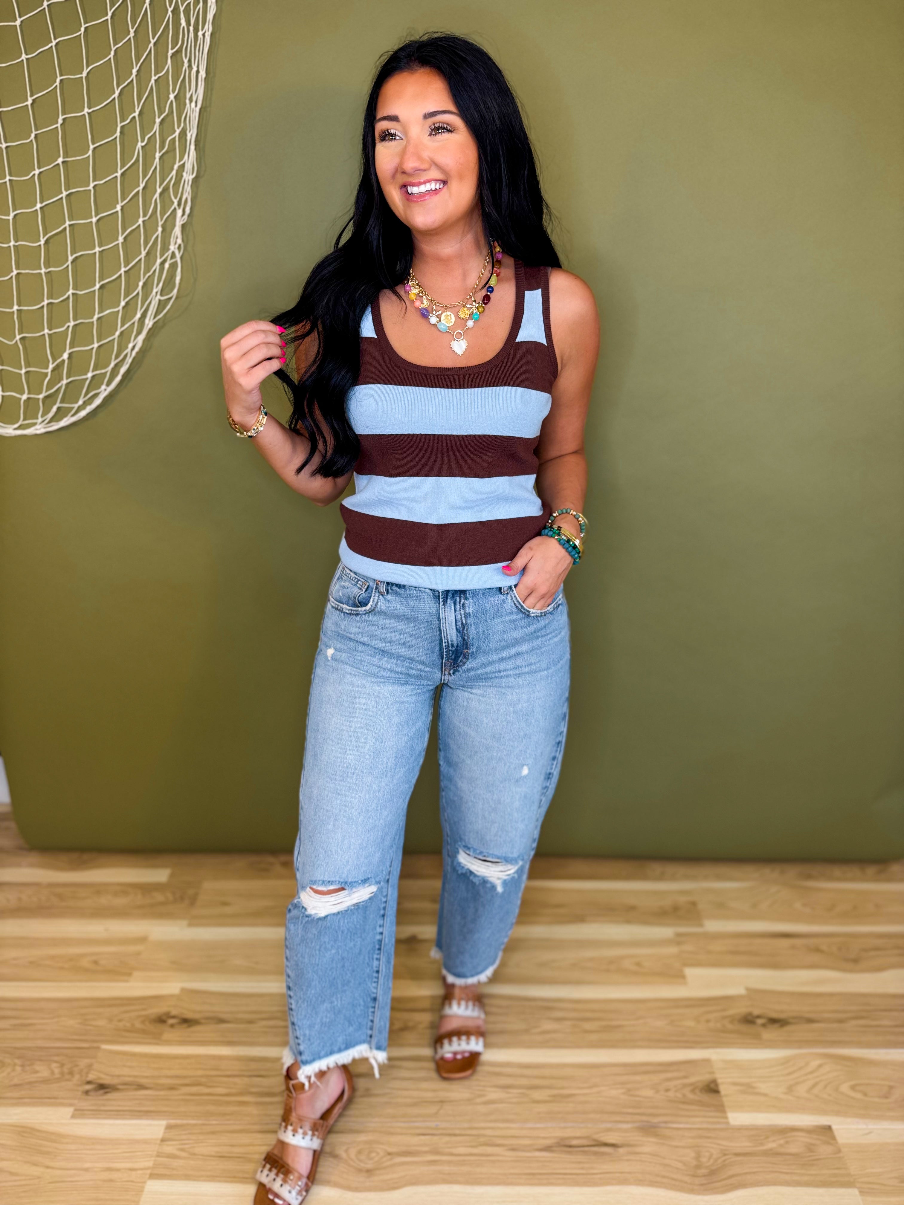 Striped Knit Sweater Tank Top - Sky/Choco - Lace and Grace Boutique