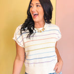 Striped Sleeve Detail Crewneck Sweater - White Multi - Lace and Grace Boutique