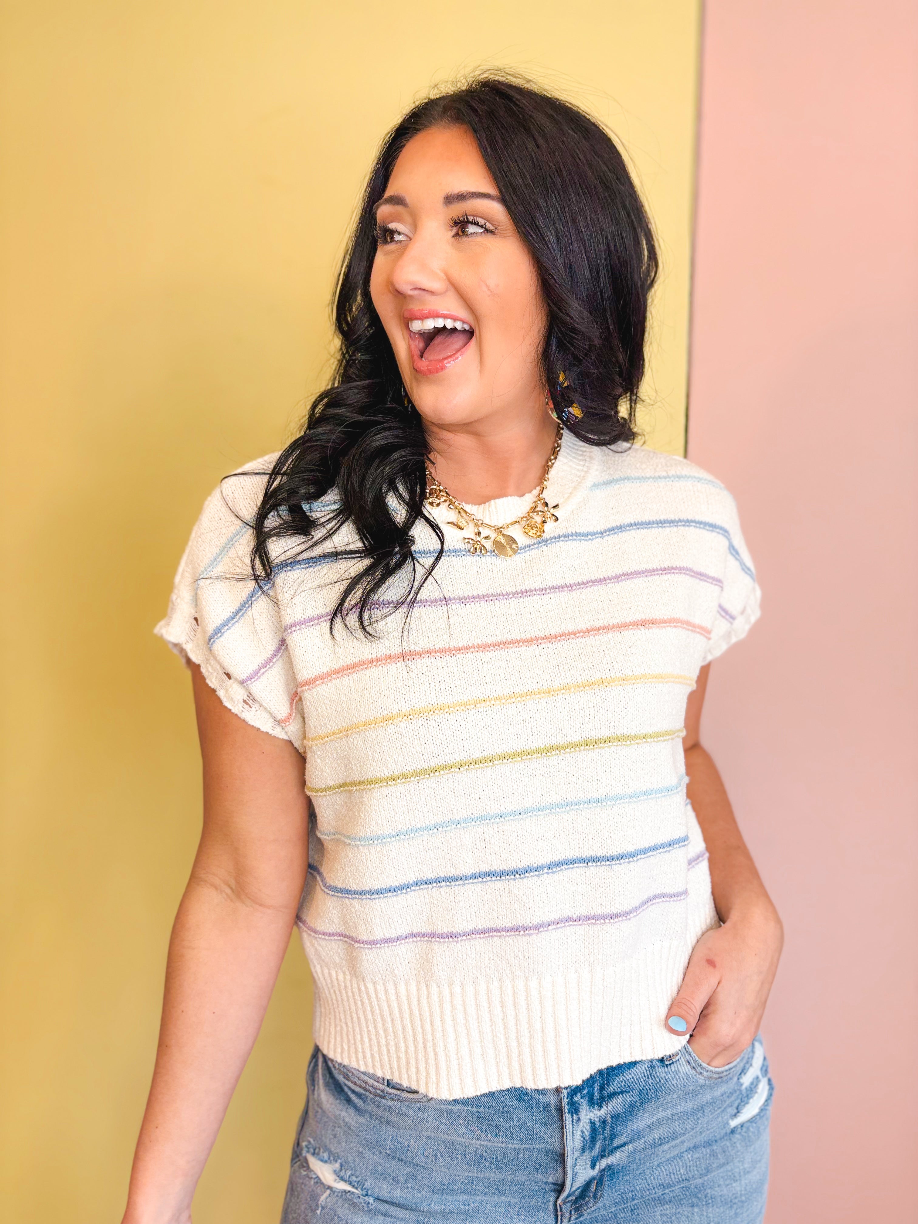 Striped Sleeve Detail Crewneck Sweater - White Multi - Lace and Grace Boutique