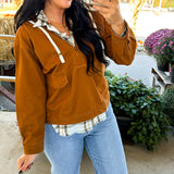 Washed Twill Half Zip Hooded Jacket - Camel