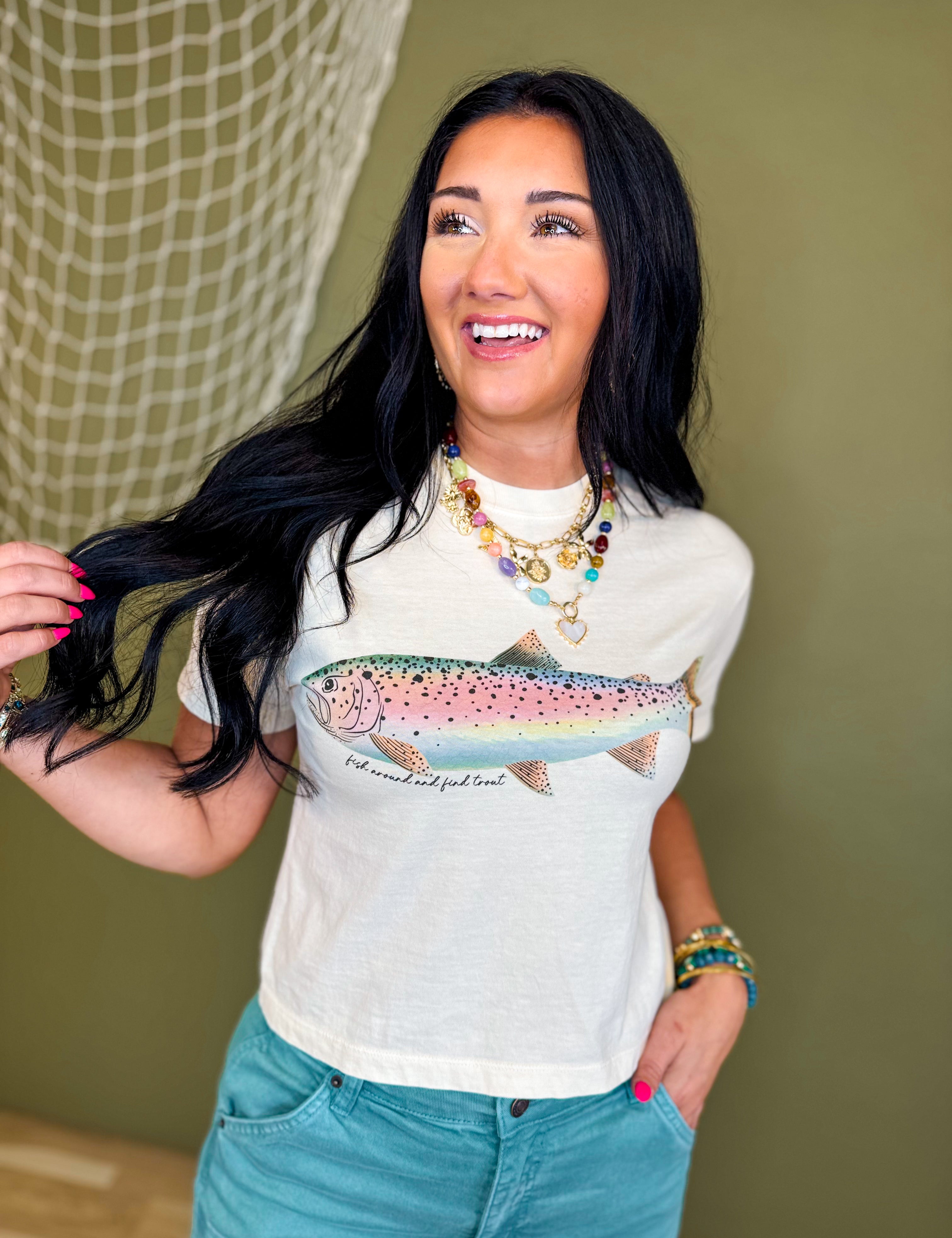 Rainbow Trout Cropped Graphic Tee - Ivory - Lace and Grace Boutique