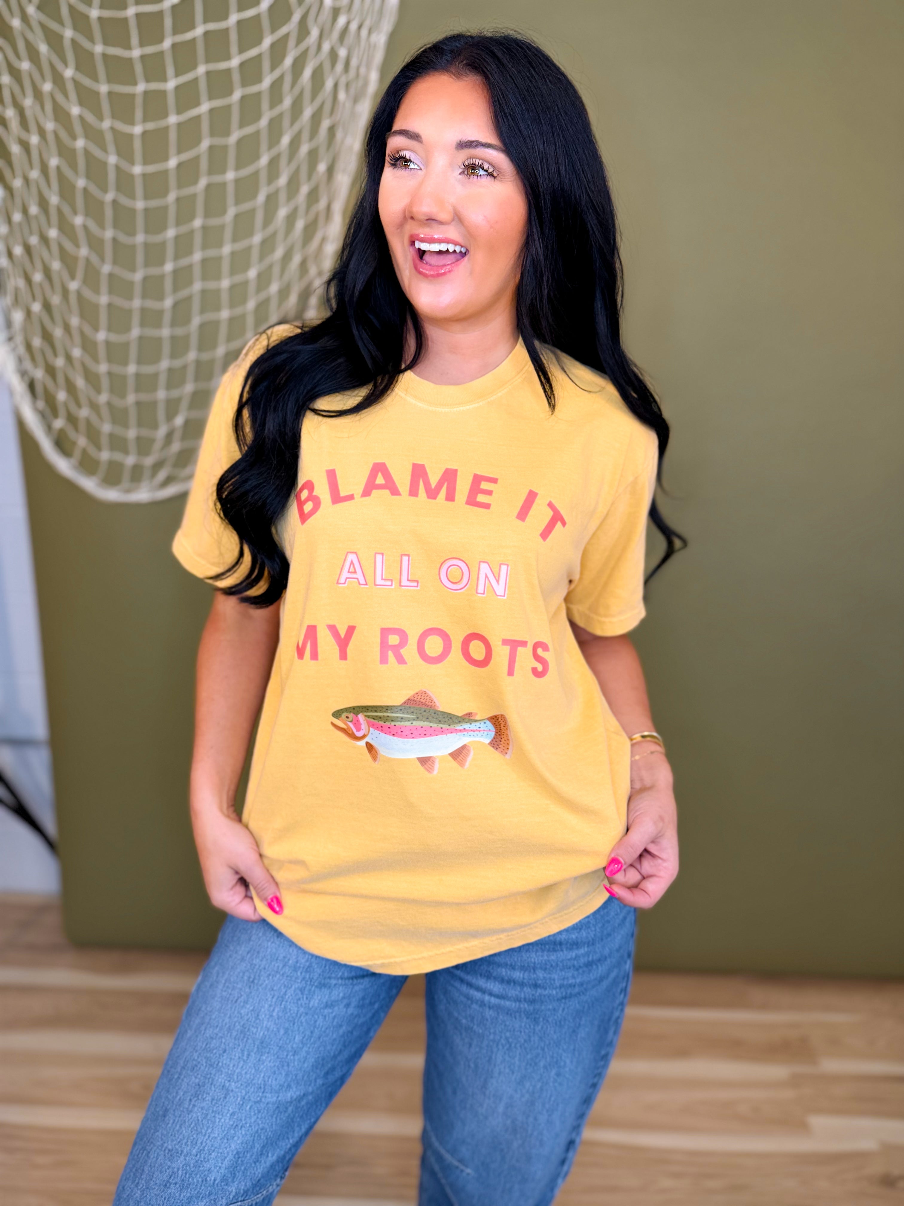 Blame It All On My Roots Trout Graphic Tee - Mustard - Lace and Grace Boutique