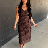 Cascading Ruffle Polka Dot Midi Dress - Chocolate