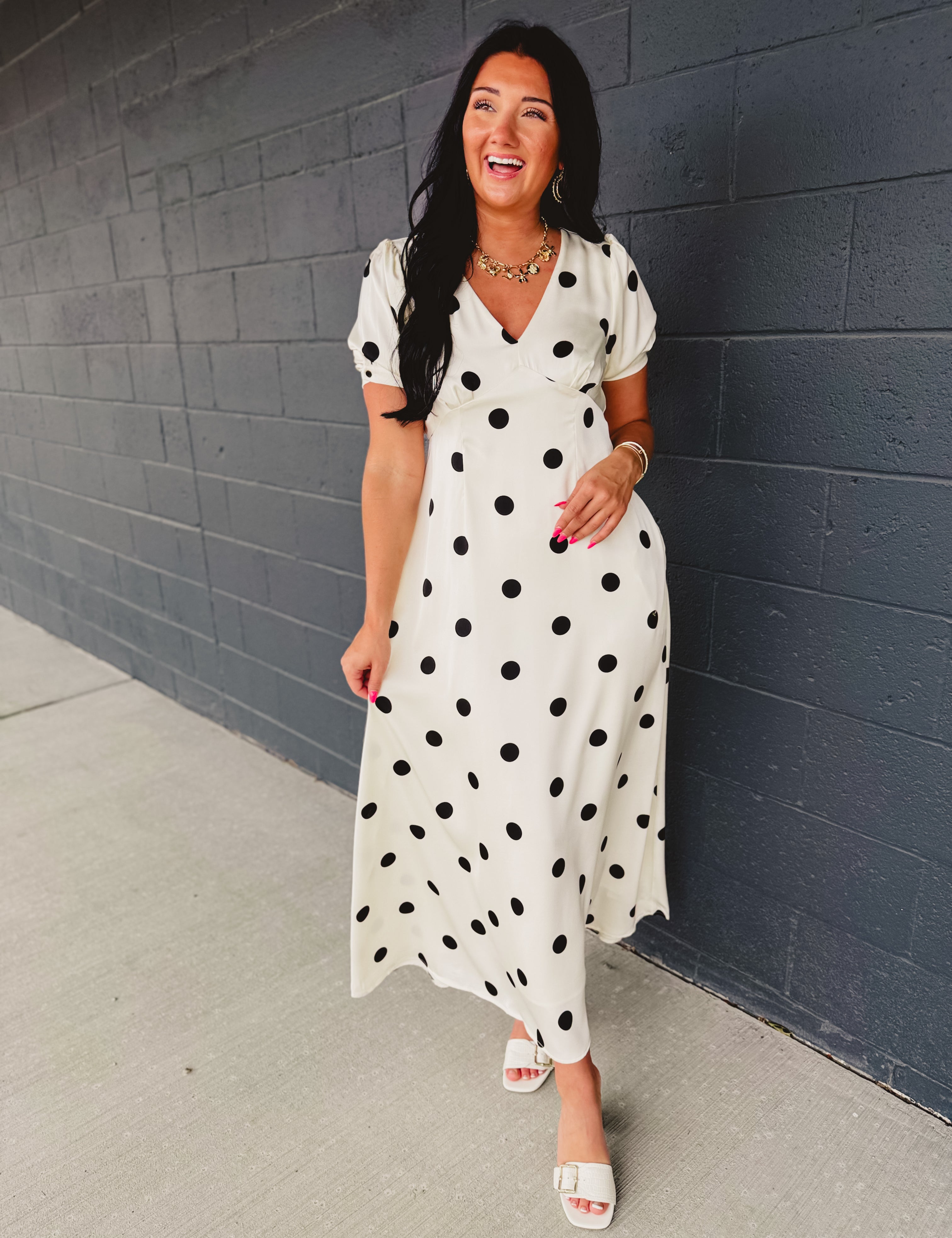 Polka Dot Puff Sleeve Maxi Dress - Cream/Black - Lace and Grace Boutique