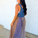 Mixed Plaid Denim Overall Maxi Dress - Multicolor