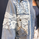 POL Textured Woven Lace Patchwork Jacket - Striped Denim