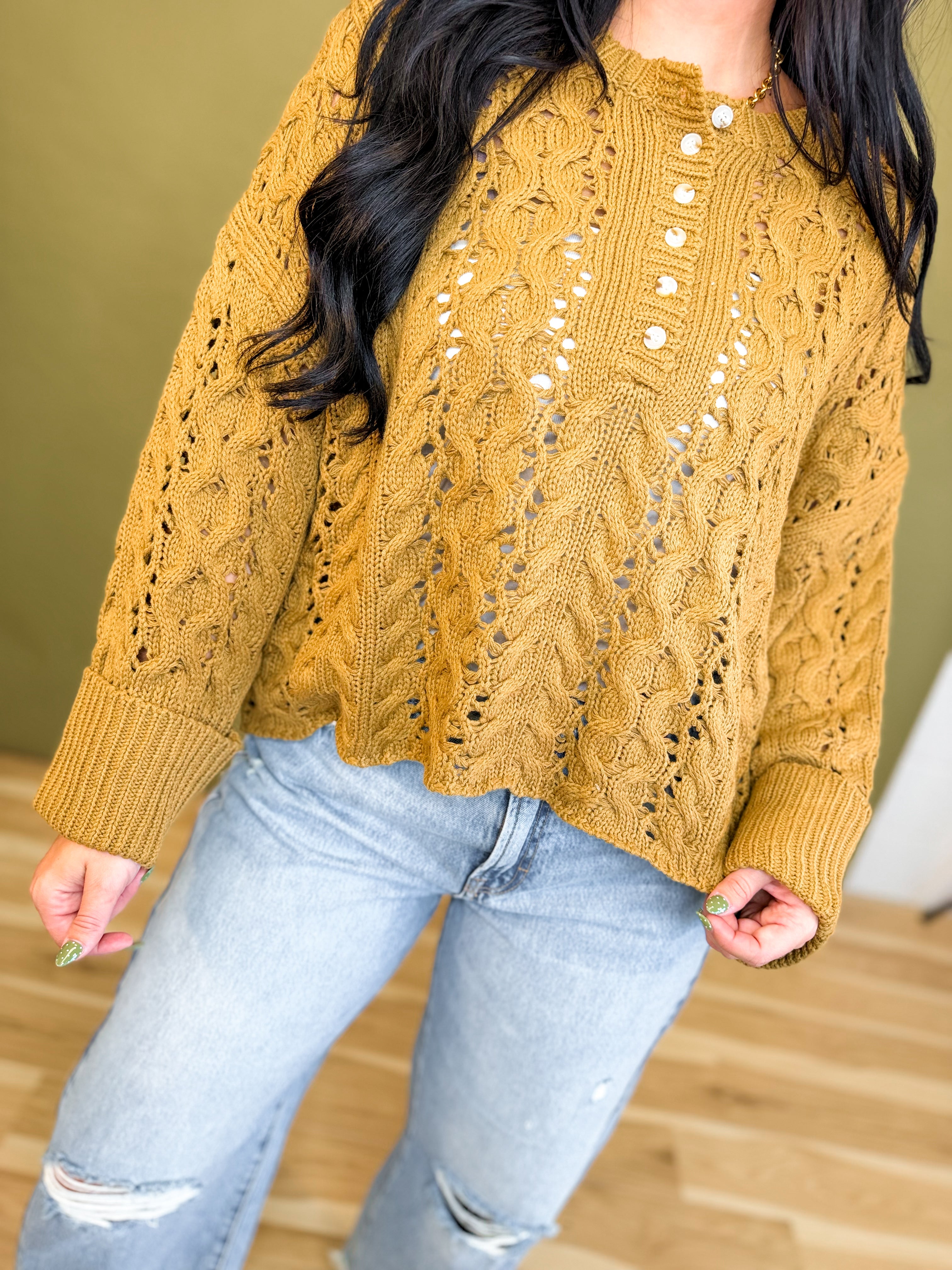 Chunky Cable Knit Henley Sweater - Camel - Lace and Grace Boutique