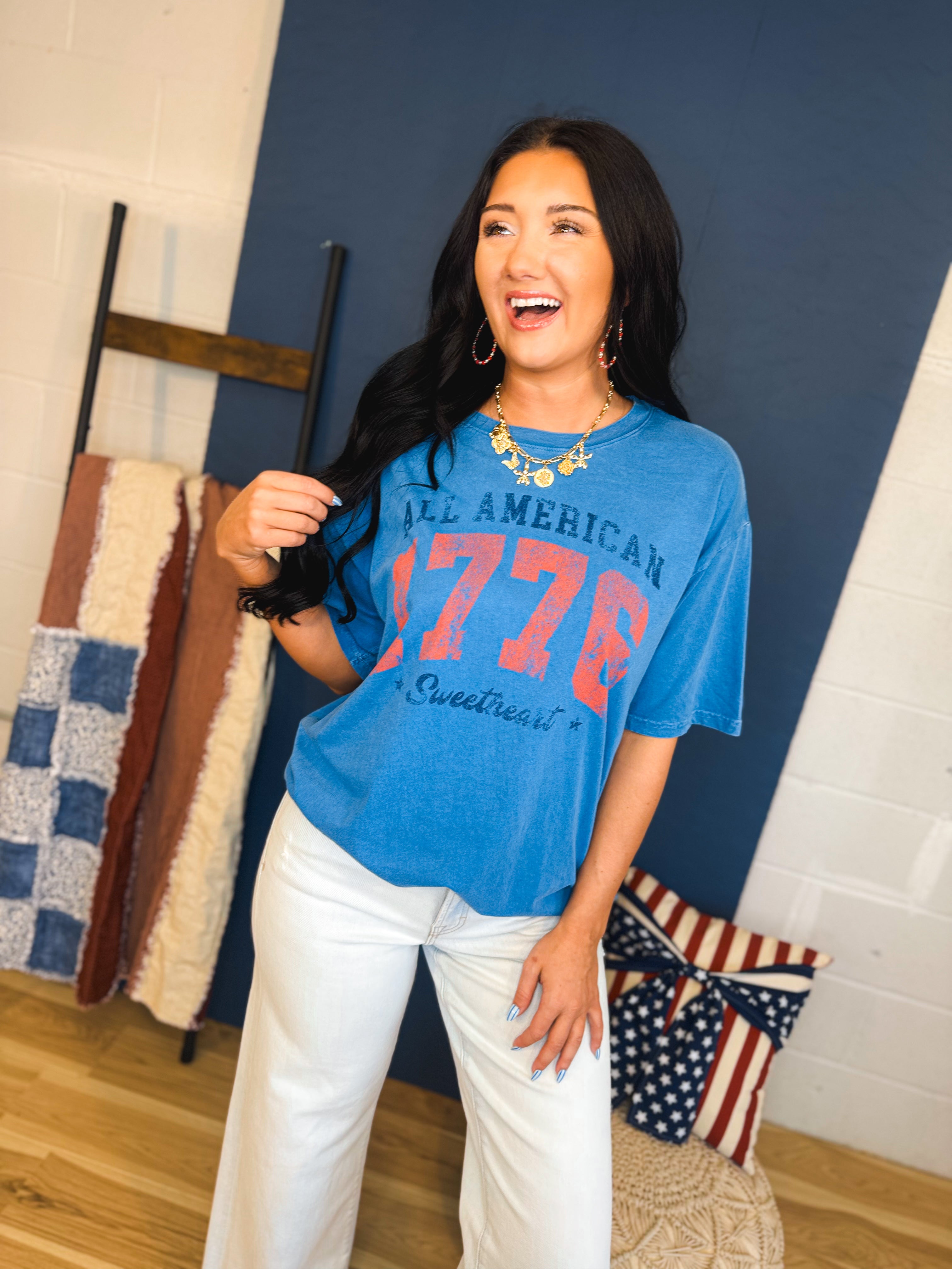 All American 1776 Mineral Graphic Tee - Dusty Blue - Lace and Grace Boutique