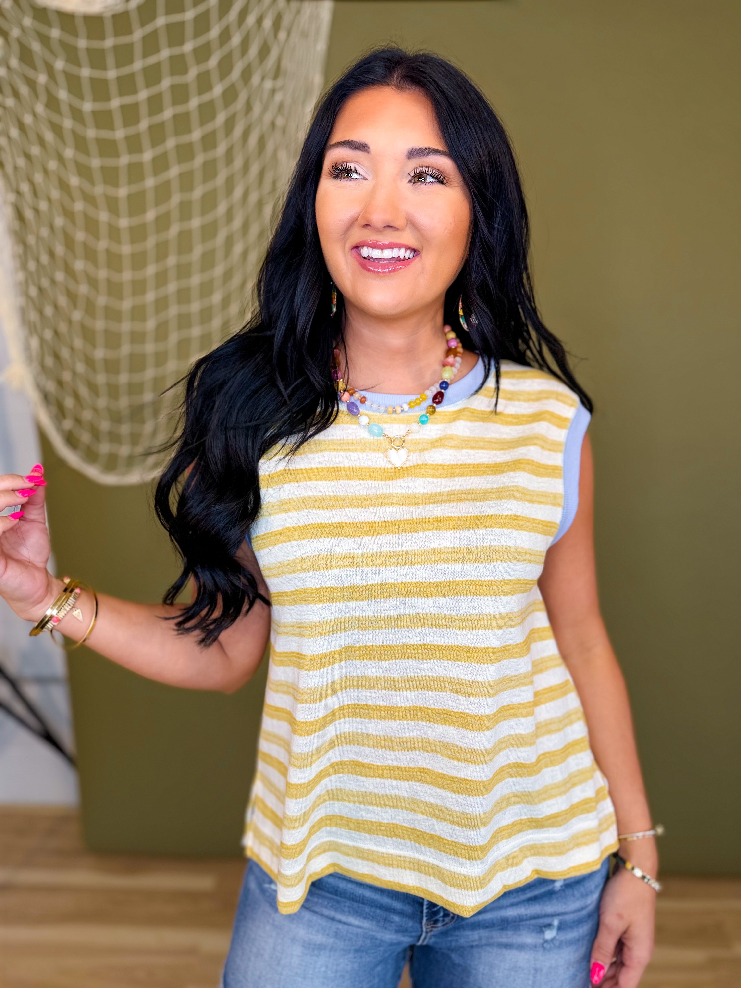 Textured Two Tone Striped Muscle Tank - Lemon - Lace and Grace Boutique