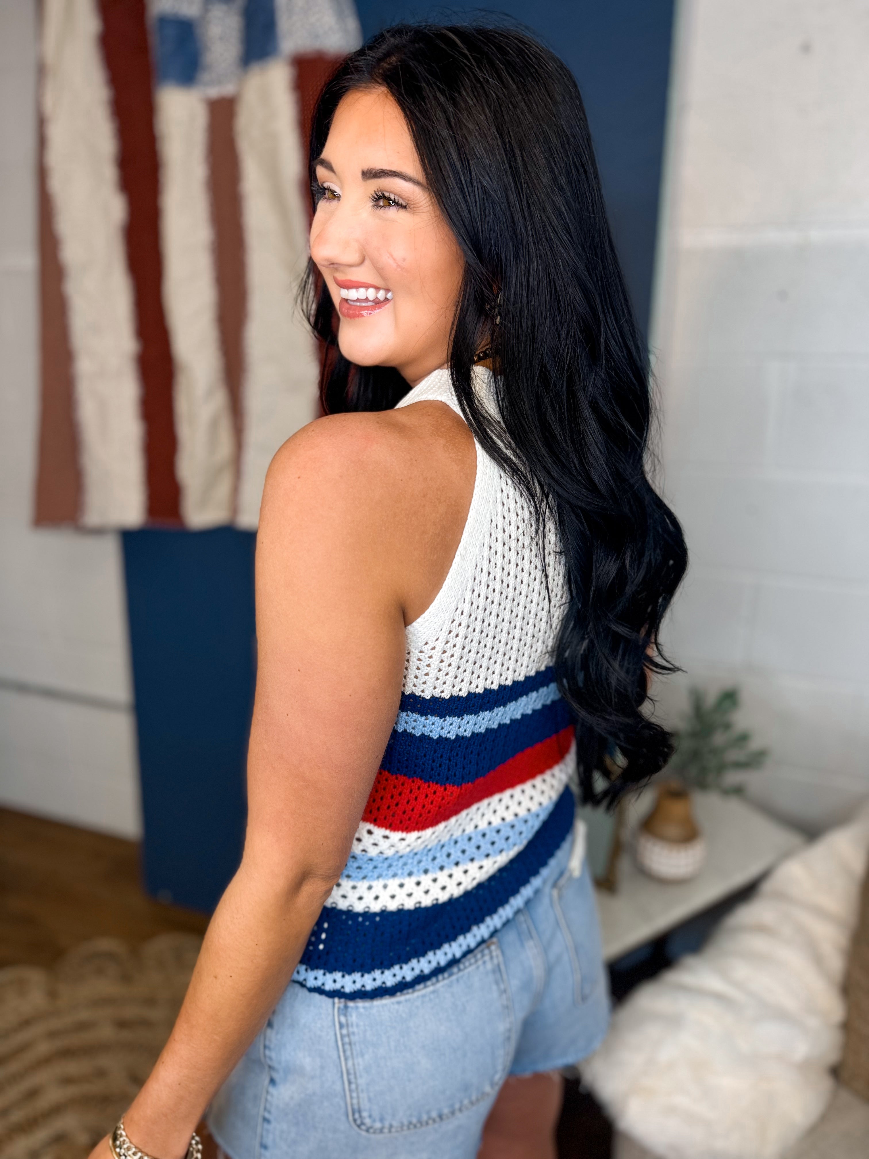 Striped Open Stitch Knit Tank Top - Red/White/Blue - Lace and Grace Boutique