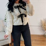 Cable Knit Front Tie Cardigan - Cream