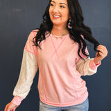 Contrast Lace Detail French Terry Pullover - Pink - Lace and Grace Boutique