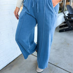 Pigment Wash French Terry Wide Leg Pants - Dusty Blue - Lace and Grace Boutique