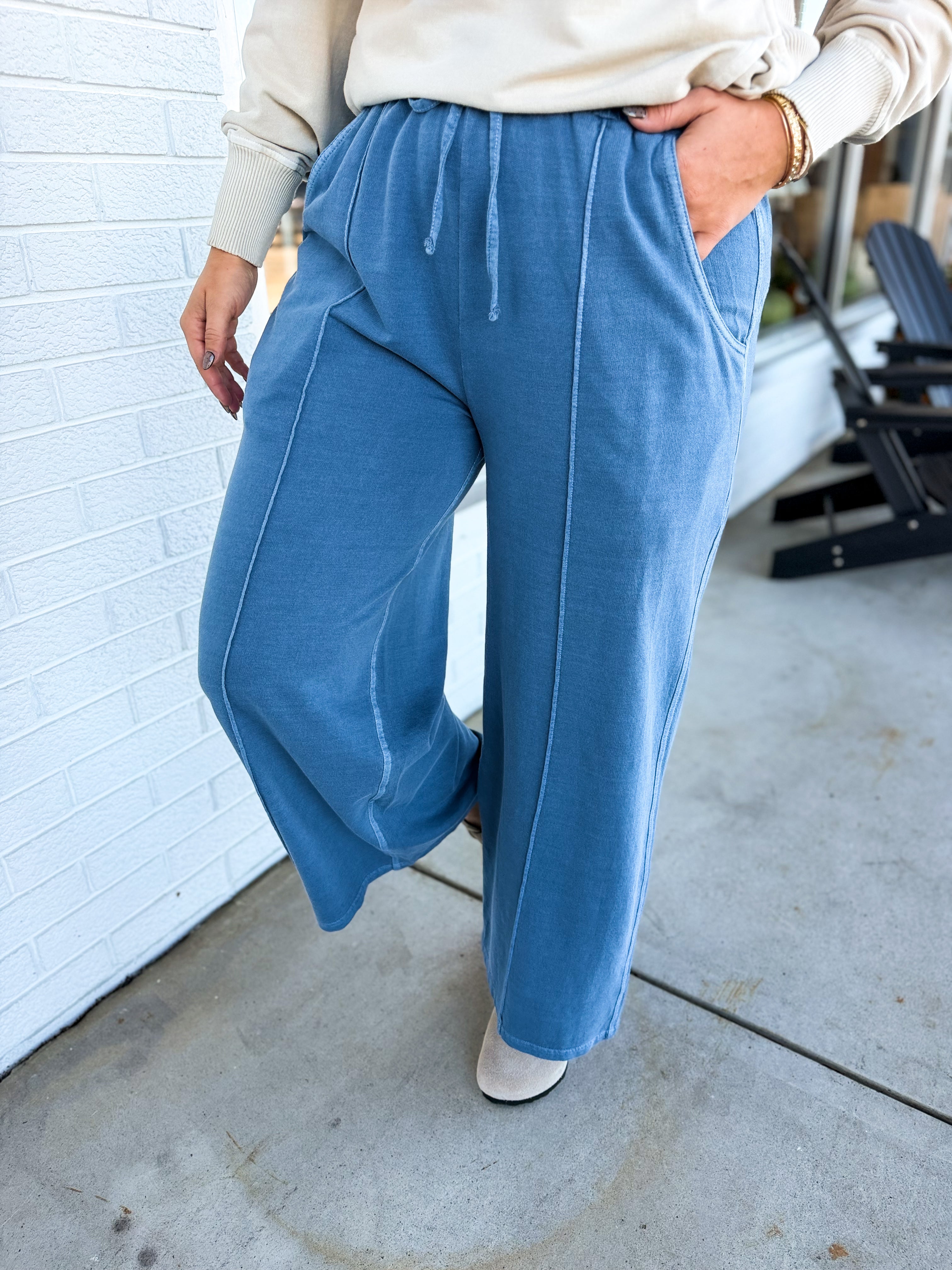 Pigment Wash French Terry Wide Leg Pants - Dusty Blue - Lace and Grace Boutique