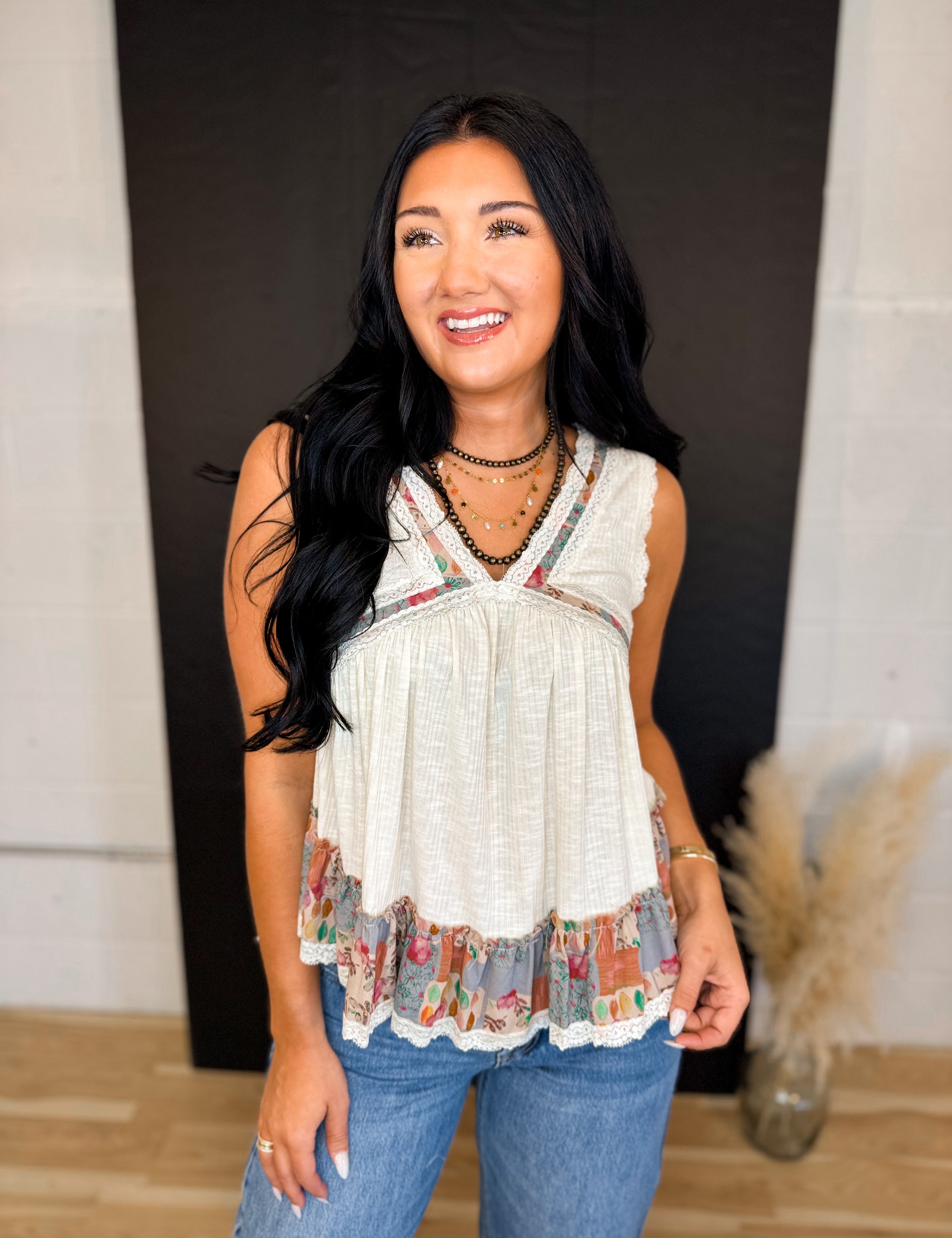 POL Floral Embroidered Round Neck Tank - Ivory - Lace and Grace Boutique