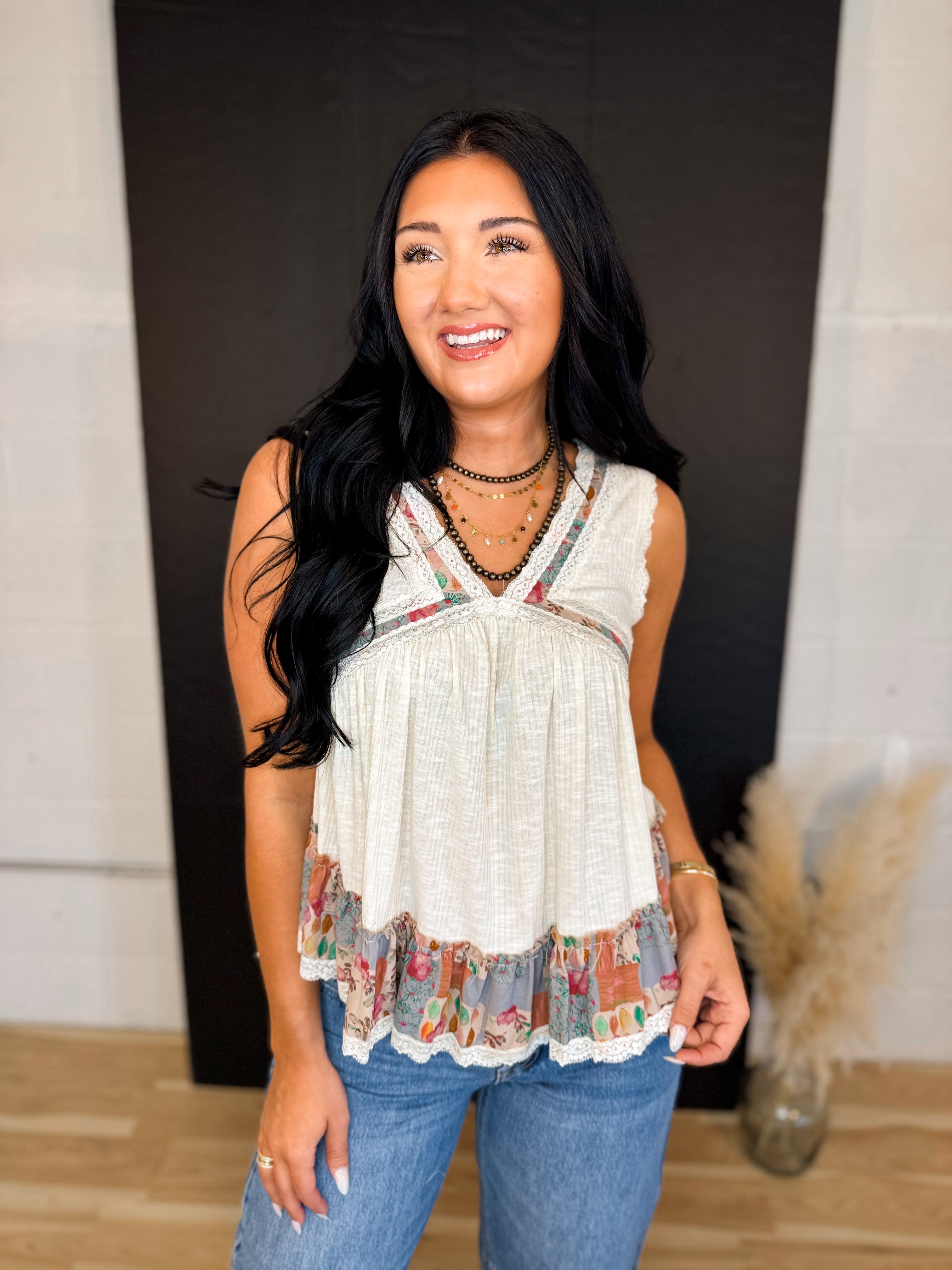 POL Floral Embroidered Round Neck Tank - Ivory - Lace and Grace Boutique