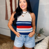 Striped Open Stitch Knit Tank Top - Red/White/Blue - Lace and Grace Boutique