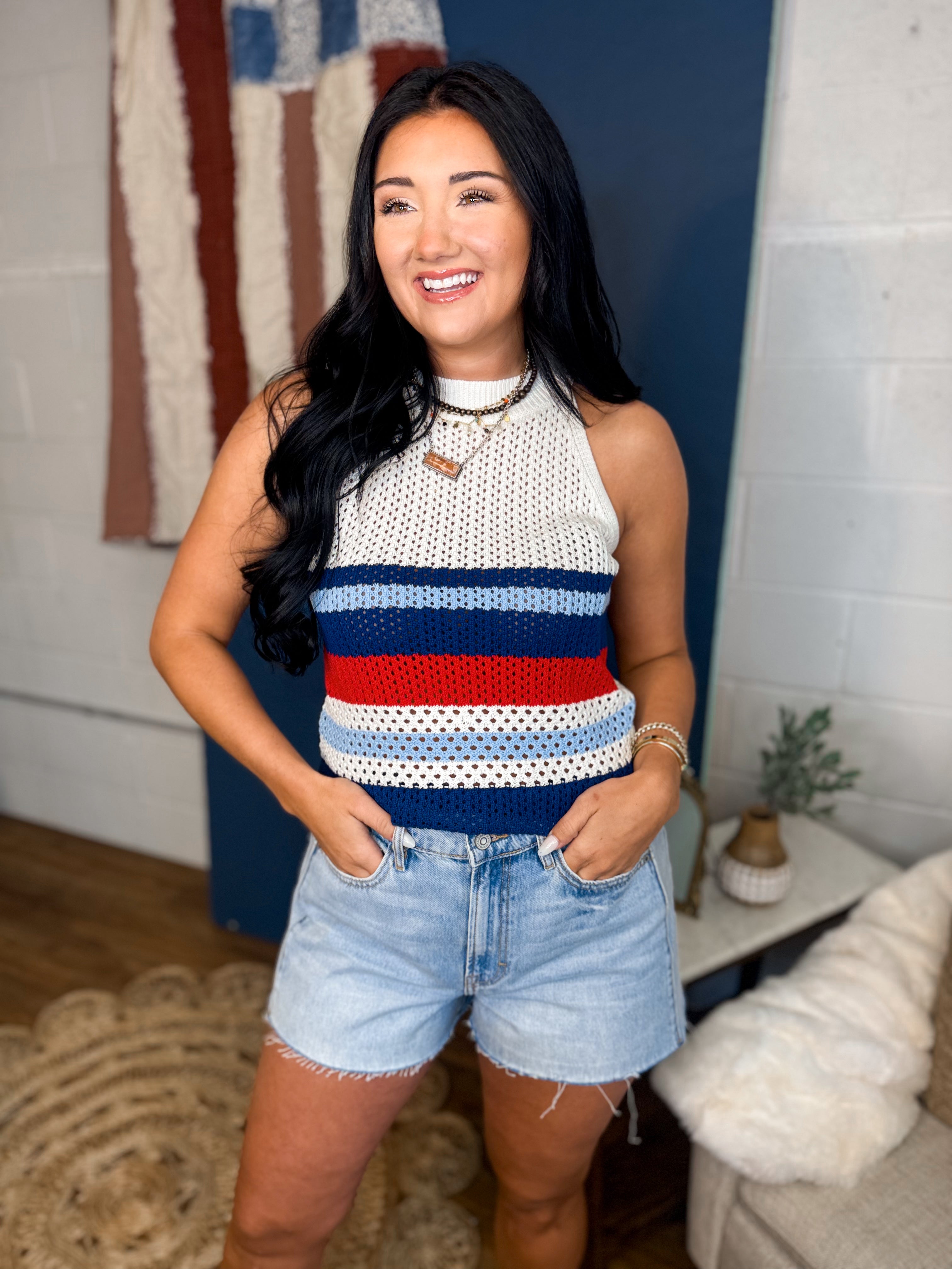 Striped Open Stitch Knit Tank Top - Red/White/Blue - Lace and Grace Boutique