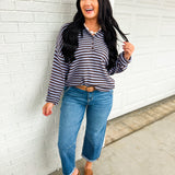 Striped Button Detail Henley Knit Sweater - Chocolate/Indigo