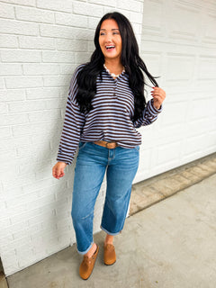 Striped Button Detail Henley Knit Sweater - Chocolate/Indigo - Lace and Grace Boutique