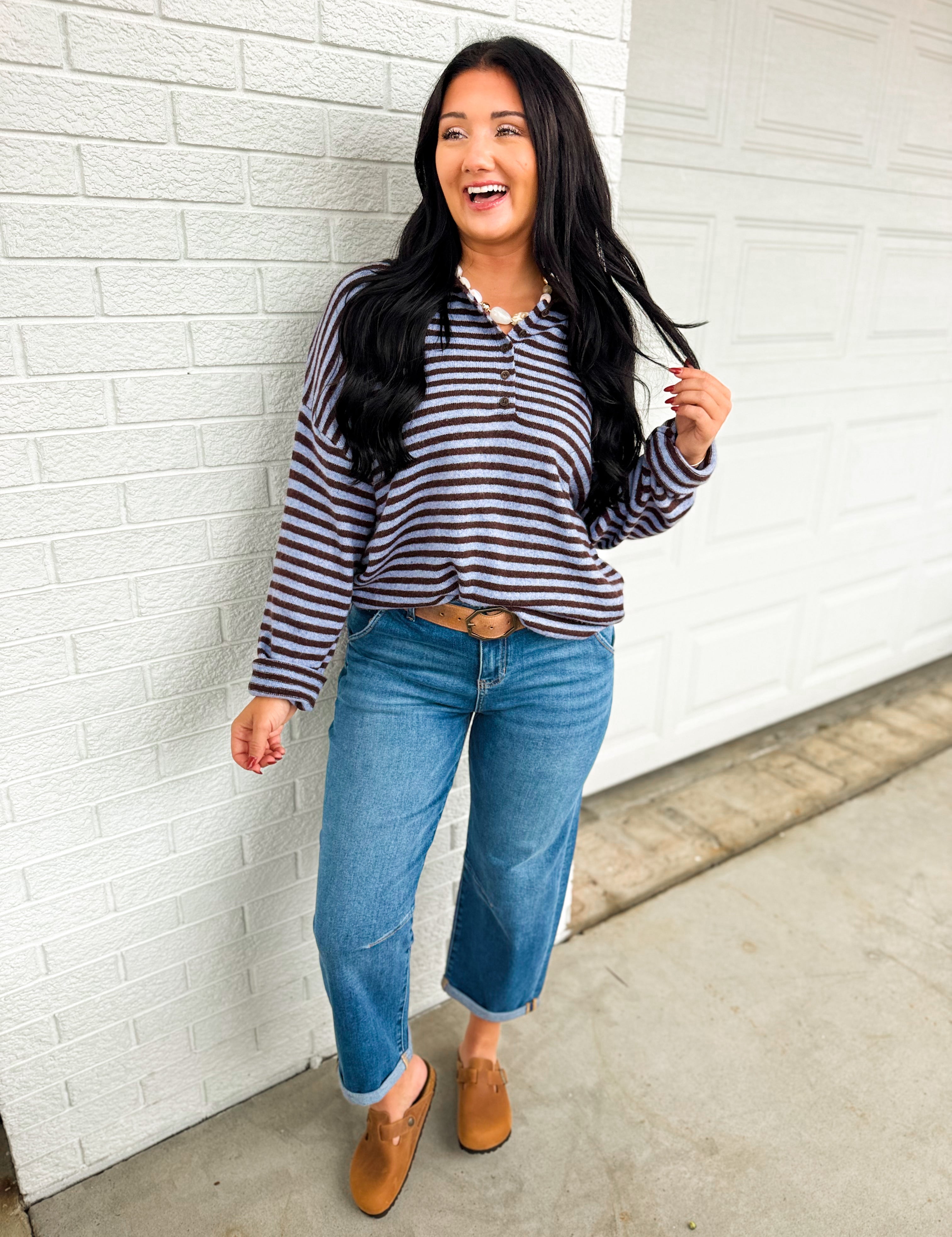 Striped Button Detail Henley Knit Sweater - Chocolate/Indigo - Lace and Grace Boutique