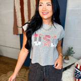 USA Floral Patchwork T-Shirt - Grey