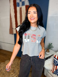 USA Floral Patchwork T-Shirt - Grey - Lace and Grace Boutique