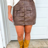Cargo Snap Button Faux Leather Mini Skirt - Brown