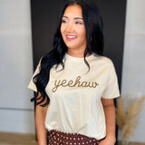 Yeehaw Stitched Knit T-Shirt - Ecru/Brown