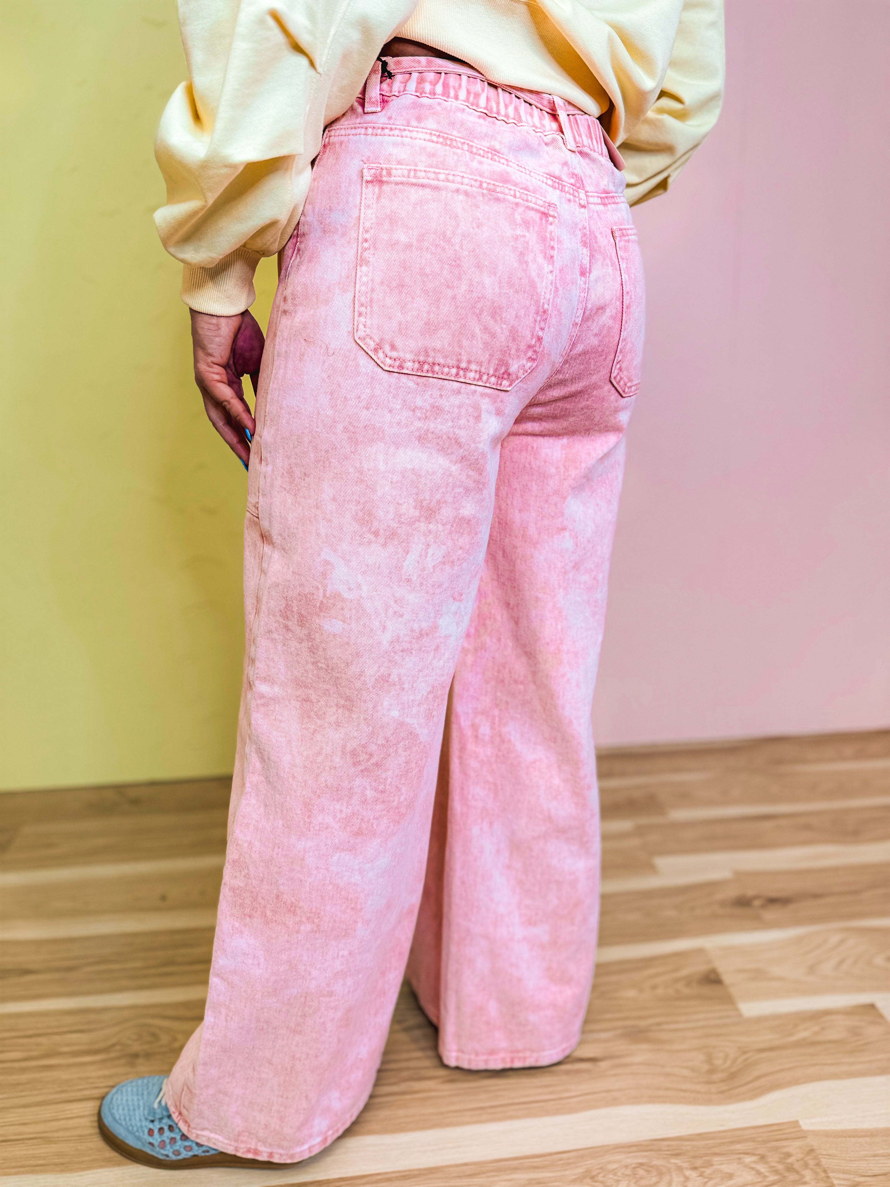 Color Wash Patchwork Wide Leg Pants - Pink - Lace and Grace Boutique
