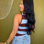 Striped Knit Sweater Tank Top - Sky/Choco - Lace and Grace Boutique