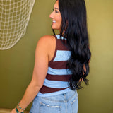Striped Knit Sweater Tank Top - Sky/Choco - Lace and Grace Boutique