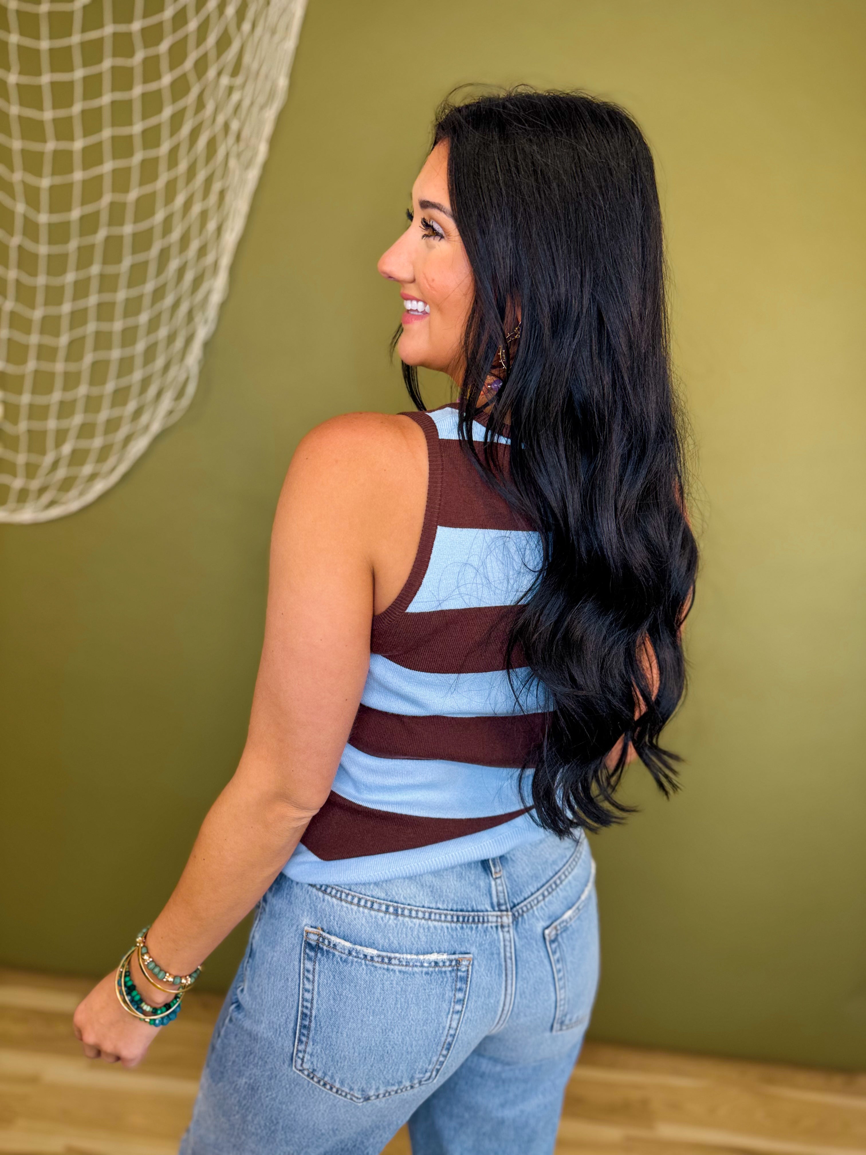 Striped Knit Sweater Tank Top - Sky/Choco - Lace and Grace Boutique