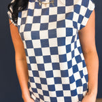 Checkered Print Casual Knit Top - Denim Blue - Lace and Grace Boutique
