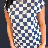 Checkered Print Casual Knit Top - Denim Blue - Lace and Grace Boutique
