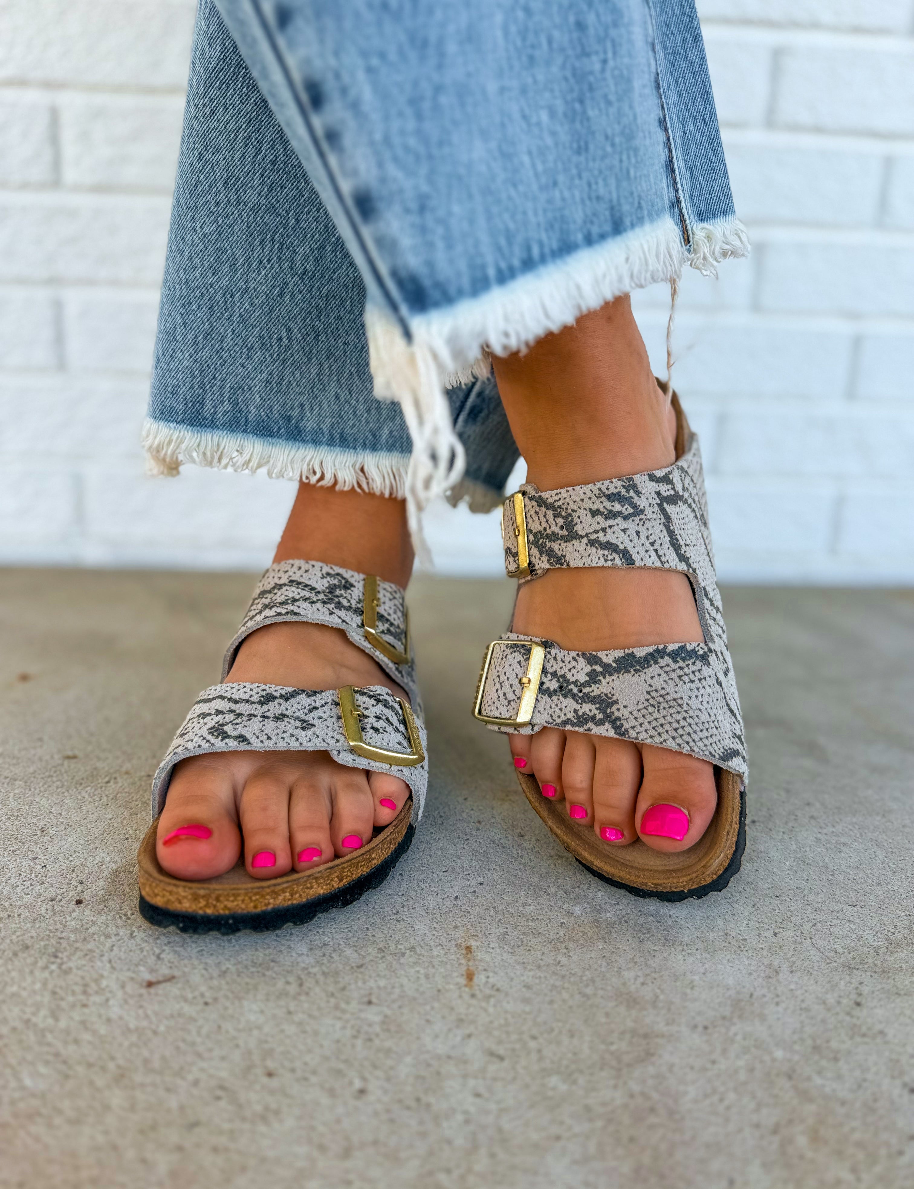 Birkenstock Arizona Printed Suede Leather Sandal - Snake Oyster - Lace and Grace Boutique