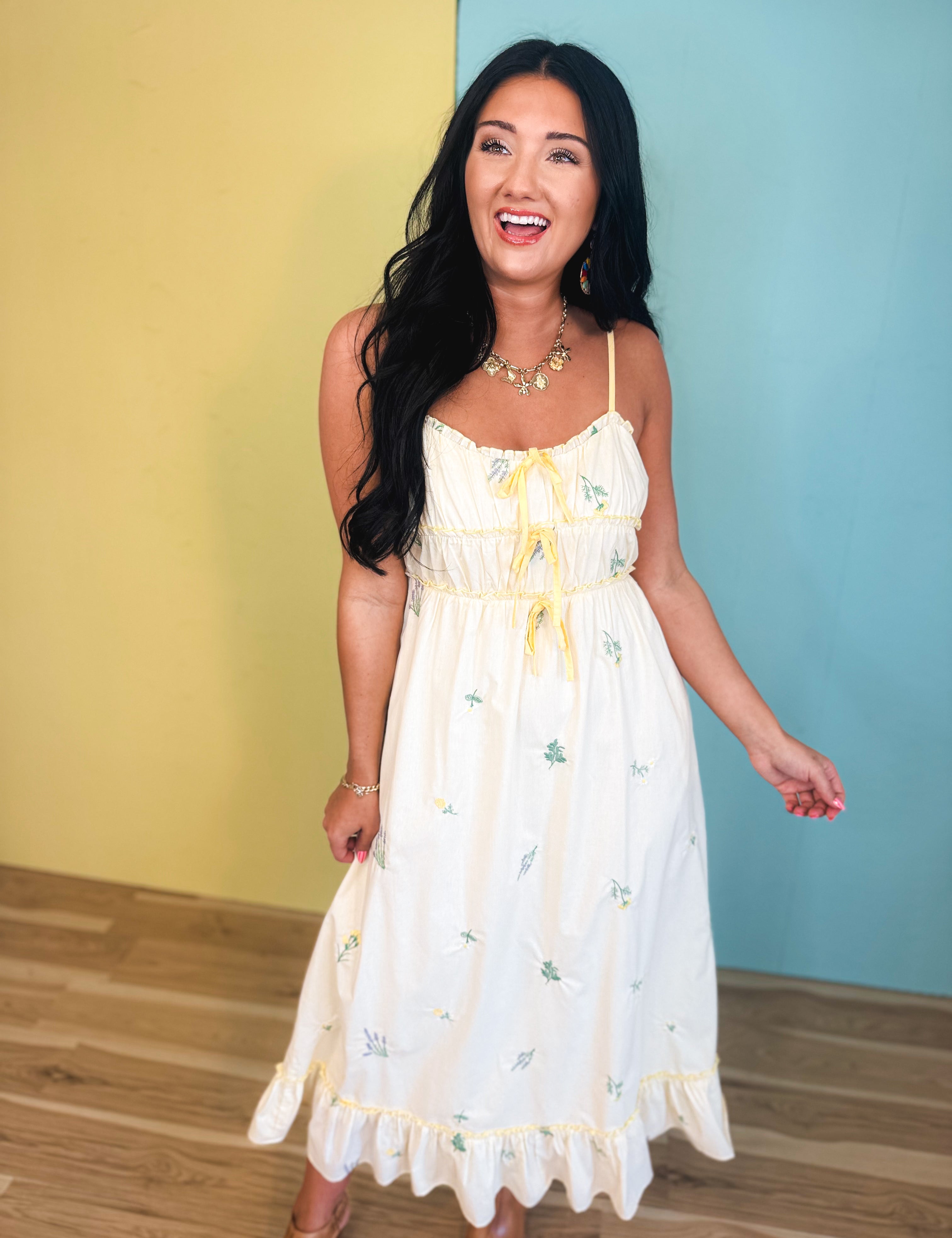 Triple Bow Floral Midi Dress - Butter - Lace and Grace Boutique