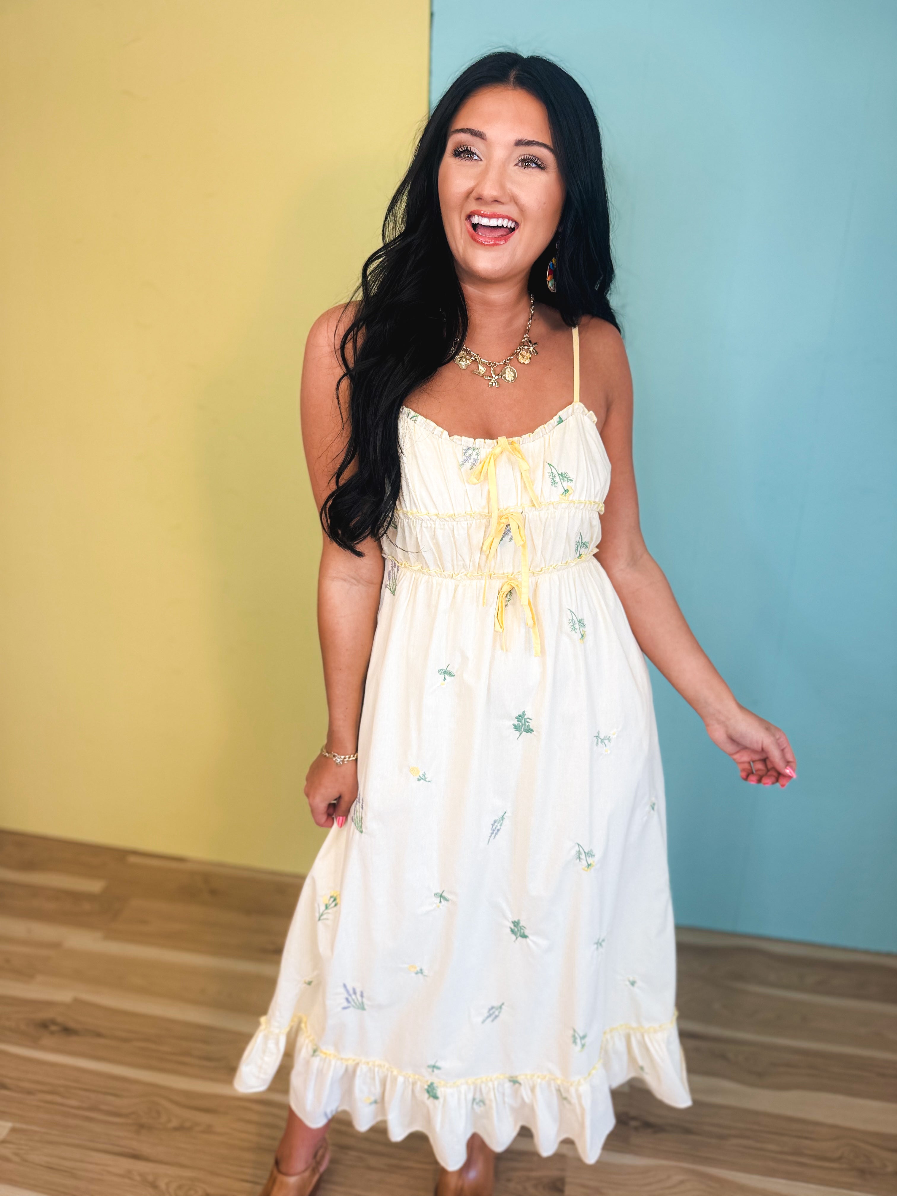 Triple Bow Floral Midi Dress - Butter - Lace and Grace Boutique