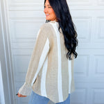 POL Ruffle Detail Mixed Stripe Linen Blouse - Mocha Multi - Lace and Grace Boutique