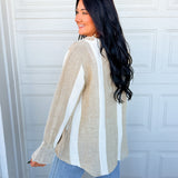 POL Ruffle Detail Mixed Stripe Linen Blouse - Mocha Multi - Lace and Grace Boutique