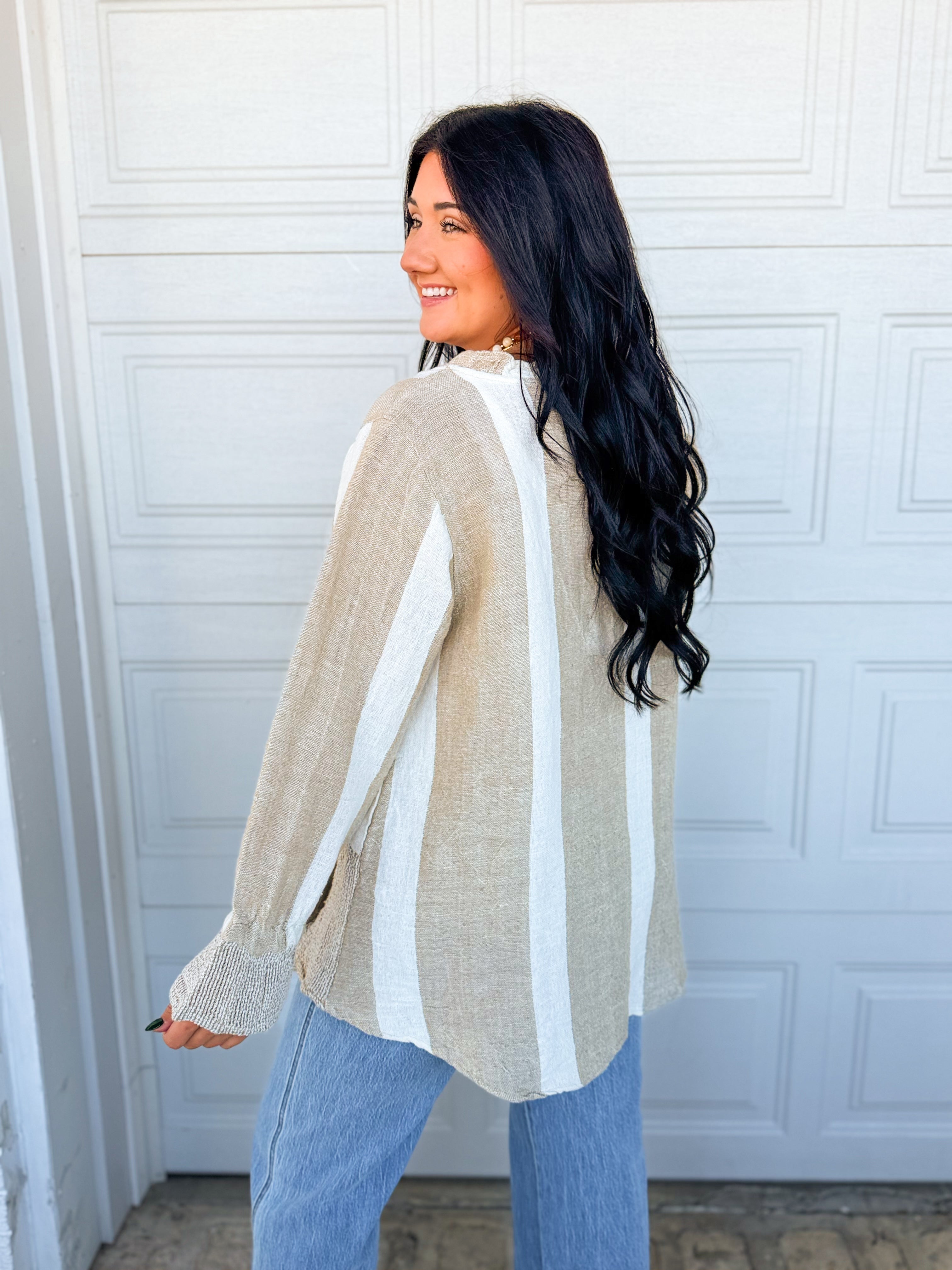 POL Ruffle Detail Mixed Stripe Linen Blouse - Mocha Multi - Lace and Grace Boutique