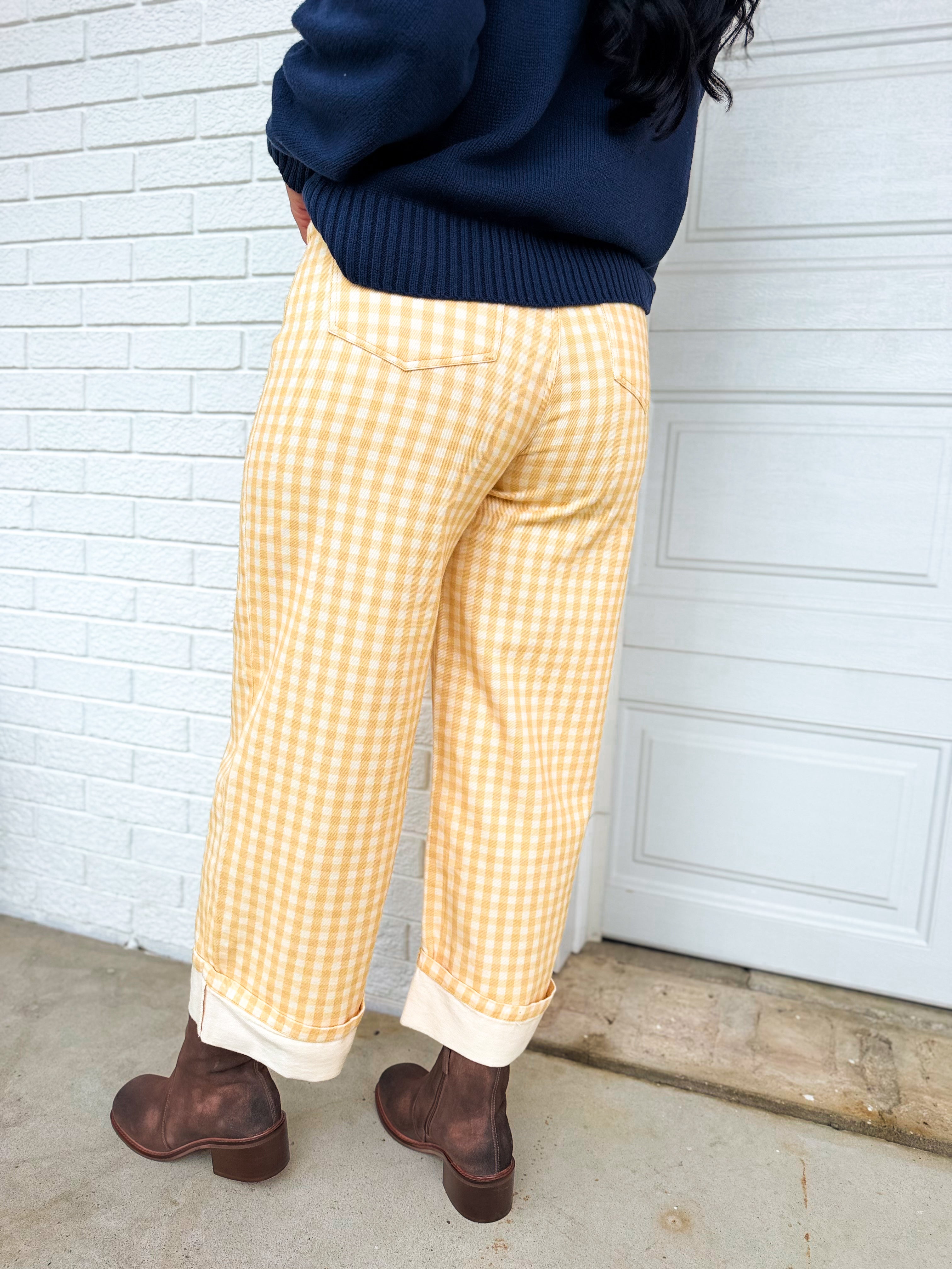 Gingham Printed Rolled Up Barrel Pants - Light Yellow - Lace and Grace Boutique