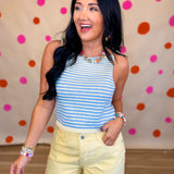 Striped Shoulder Tie Knit Tank Top - Blue/Lemon