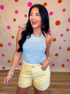 Striped Shoulder Tie Knit Tank Top - Blue/Lemon - Lace and Grace Boutique