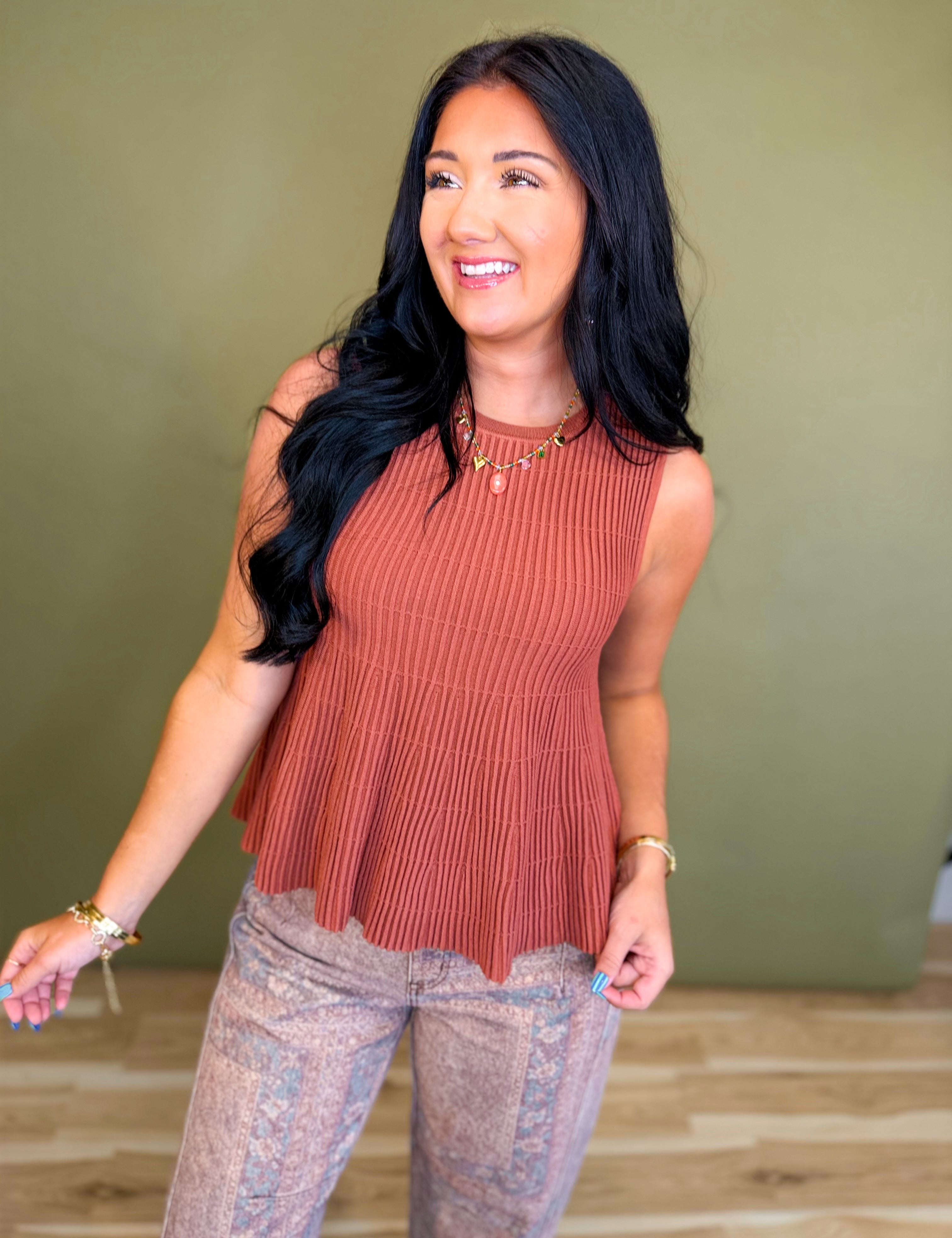 Flared Ribbed Knit Sweater Tank Top - Rust - Lace and Grace Boutique