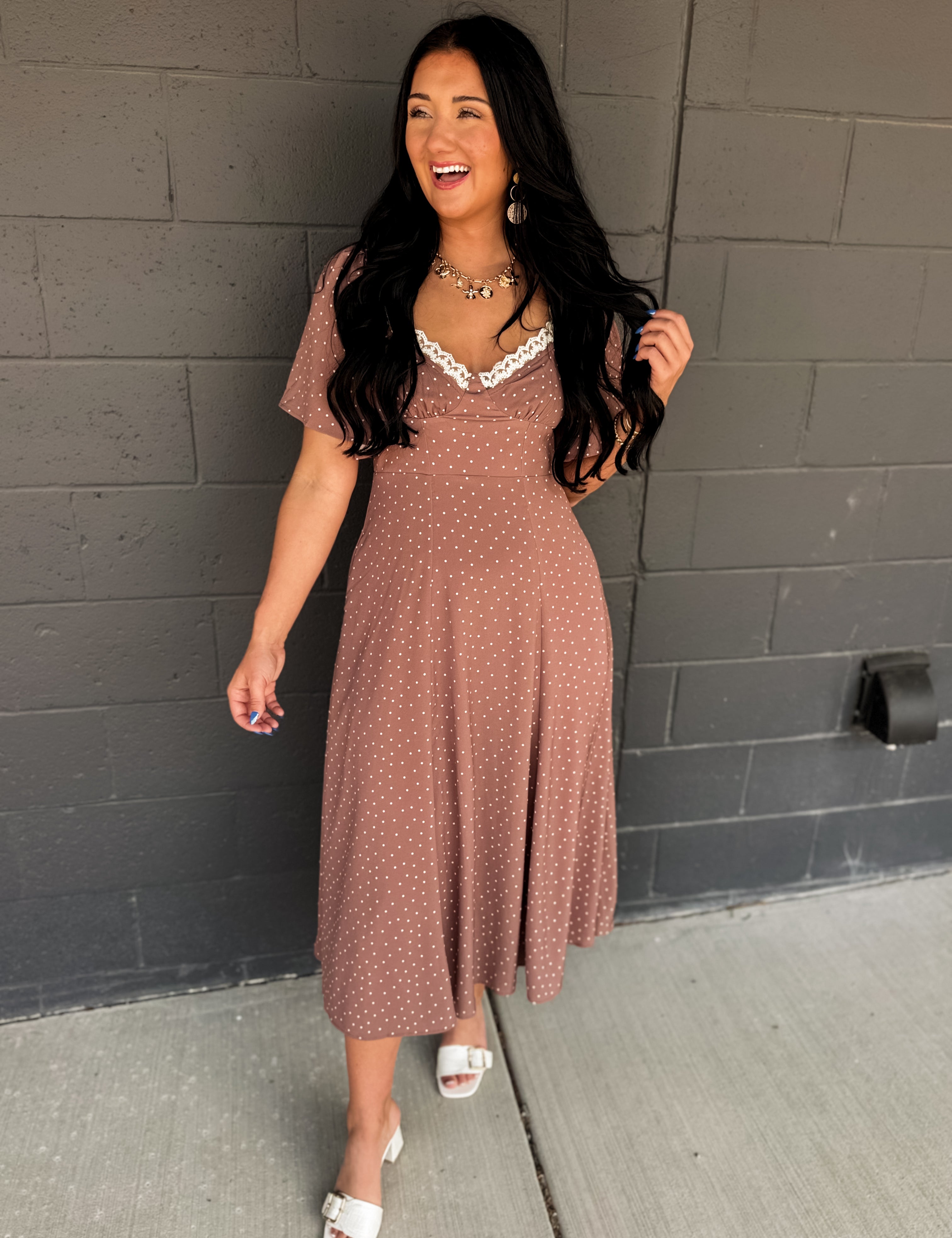 Flutter Sleeve Polka Dot Midi Dress - Latte