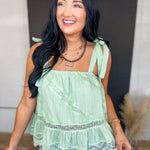 Lace Detail Shoulder Tie Tank Top - Mint - Lace and Grace Boutique